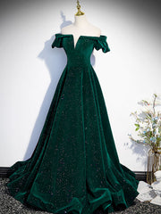 A-Line Off Shoulder Velvet Long Prom Dresses, Green Velvet Graduation Dresses