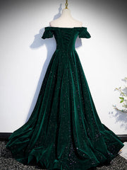 A-Line Off Shoulder Velvet Long Prom Dresses, Green Velvet Graduation Dresses