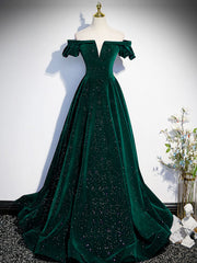 A-Line Off Shoulder Velvet Long Prom Dresses, Green Velvet Graduation Dresses