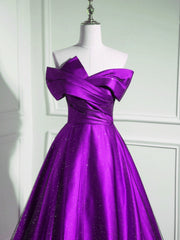 A-Line Off Shouolder Black And Purple Satin Party Dresses, Long Prom Dresses