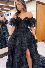 A line Off-the-Shoulder Glitter Tulle Prom Dresses with Slit