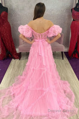 A Line Off the Shoulder Pink Tulle Corset Prom Dress with Bowknot