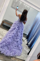 A Line Off the Shoulder Ruffled Tulle Prom Dress with Slit