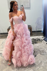 A Line Off the Shoulder Ruffled Tulle Prom Dress with Slit