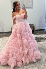 A Line Off the Shoulder Ruffled Tulle Prom Dress with Slit