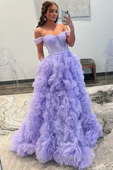 A Line Off the Shoulder Ruffled Tulle Prom Dress with Slit