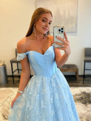 A Line Off the Shoulder Satin Lace Prom Dresses