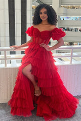 A-line Off-the-Shoulder Tulle Prom Dresses with Slit