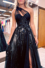 a line one shoulder black long prom dress with appliques