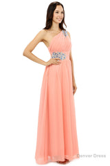 A-line One-shoulder Chiffon Beaded Crystals Coral Bridesmaid Dresses