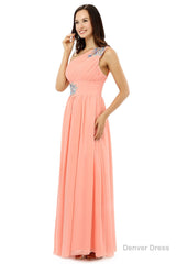 A-line One-shoulder Chiffon Beaded Crystals Coral Bridesmaid Dresses