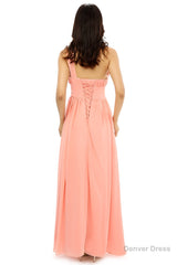 A-line One-shoulder Chiffon Beaded Crystals Coral Bridesmaid Dresses