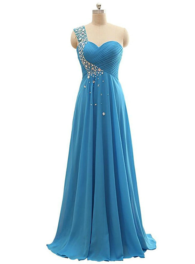 A-Line One Shoulder Pleats Beading Bridesmaid Dress