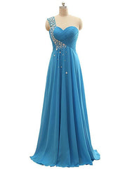 A-Line One Shoulder Pleats Beading Bridesmaid Dresses