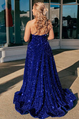 A Line One Shoulder Royal Blue Sequins Long Prom Dress