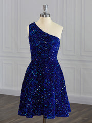 A-line One-Shoulder Sequin Short/Mini Velvet Sequins Dresses