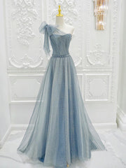 A-Line One Shoulder Tulle Sequin Gray Blue Long Prom Dresses, Sequin Long Formal Dresses