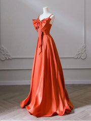 A-Line Orange Satin Long Prom Dresses, Orange Long Evening Dresses