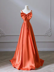 A-Line Orange Satin Long Prom Dresses, Orange Long Evening Dresses