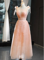 A-Line Orange Tulle Appliques Bateau Pleats Prom Dresses With Beading