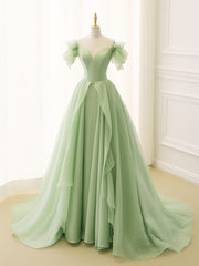 A-Line Organza Green Long Prom Dresses, Green Long Graduation Dresses