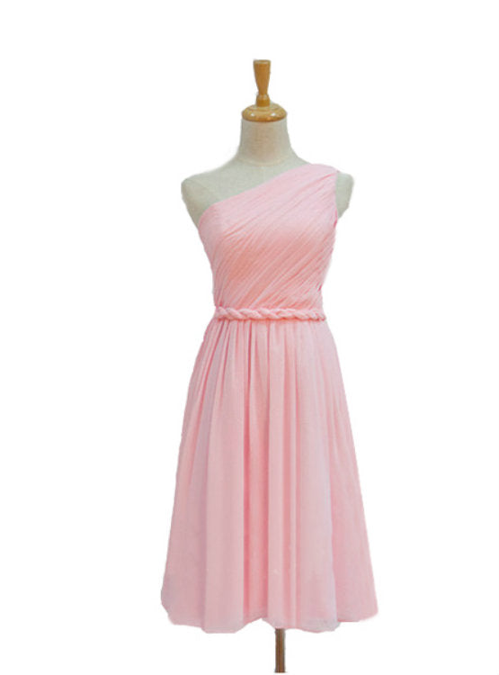 A-Line Pink Chiffon One Shoulder Pleats Short Bridesmaid Dress