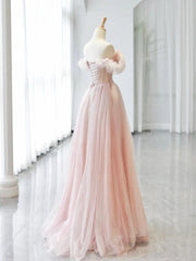 A-line Pink Off Shoulder Beaded Sweetheart Party Dresses, Pink Tulle Prom Dresses