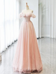 A-line Pink Off Shoulder Beaded Sweetheart Party Dresses, Pink Tulle Prom Dresses