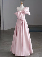 A-Line Pink One Shoulder Bow Prom Dresses