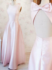 A-Line Pink Satin Backless Floor Length Prom Dresses With Bow