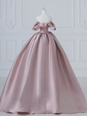 A-Line Pink Satin Long Prom Dresses, Pink Long Evening Dresses