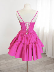 A-Line Pink Satin Short Prom Dresses, Backless Cute Pink Homecoming Dresses