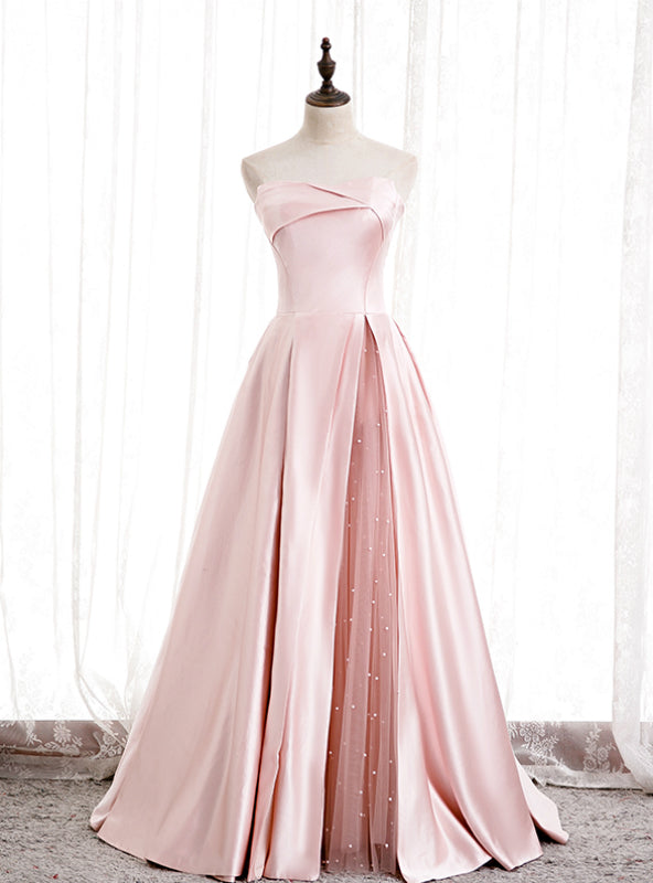 A-Line Pink Satin Strapless Pleats Long Prom Dress