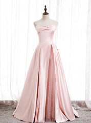 A-Line Pink Satin Strapless Pleats Long Prom Dresses