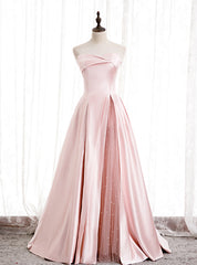 A-Line Pink Satin Strapless Pleats Long Prom Dress