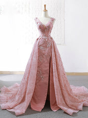 A-Line Pink Sequins V-neck Backless Appliques Wedding Dress