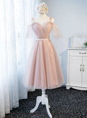 A-Line Pink Straps Tulle Bridesmaid Dresses