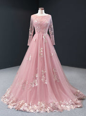 A-Line Pink Tulle Appliques Sequins Long Sleeve Prom Dresses