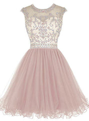 A-Line Pink Tulle Cap Sleeve Beading Sequins Homecoming Dresses