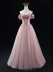 A-line Pink Tulle Off the Shoulder Beading Pleats Prom Dresses