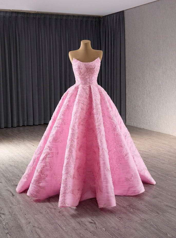 A-Line Pink Tulle Sequins Strapless Prom Dress