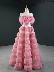 A-Line Pink Tulle Strapless Sleeveless Prom Dresses With Feather