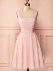 A-Line Pink Tulle Straps Pleats Beading Homecoming Dresses