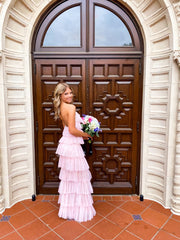 A-line Pink Tulle Tiered Long Prom Dresses , Unique Prom Dresses