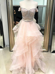 A-Line Pink Tulle Two Piece Off the Shoulder Long Prom Dresses