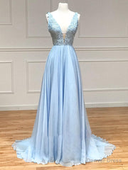 A Line Plunge V Neck Lace Chiffon Prom Dress