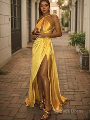 A-Line/Princess Halter Sweep Train Silk like Satin Prom Dresses With Leg Slit