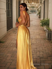 A-Line/Princess Halter Sweep Train Silk like Satin Prom Dresses With Leg Slit