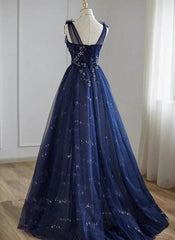 A-Line Princess Navy Blue Tulle Beaded V-neckline Party Dresses Shiny Tulle Prom Dresses