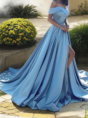 A-Line/Princess Off-the-Shoulder Court Train Satin Evening Dresses With Leg Slit